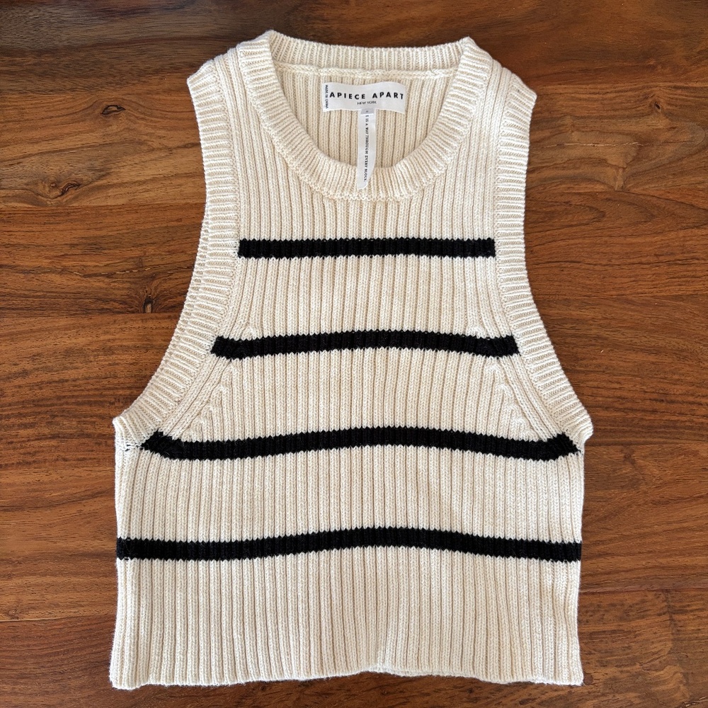 Apiece Apart Cream Ribbed Knit Tank with Black Stripes